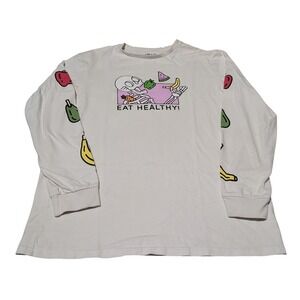 Cool Shirtz Long Sleeve Shirt  Large Cream Eat Healthy Skeleton Fruit Tee